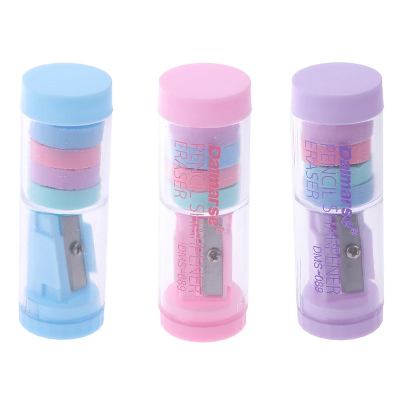 

Pencil Sharpener Candy Color With 4pcs Erasers Kawaii Pencil Sharpener For Girls Gifts Back To School Supplies Korean Stationery