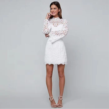 

Summer New Fashion Show White Bandage Dress High Quality Lace Long Sleeve Elegant Wedding Evening Party Dress Vestidos Wholesale