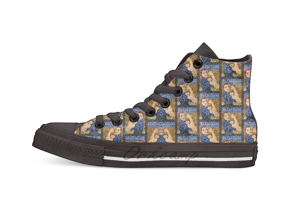 

glitter rosie the riveter Design breathable Casual High Top lace-up Canvas shoes sneakers For Drop shipping