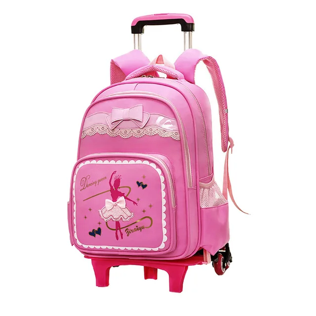Школьные рюкзаки с рисунками из мульфильмов с 2/6 колесами, школьная сумка-тележка для девочек, рюкзак, съемная детская Скалка, водонепроницаемая дорожная сумка - Цвет: pink 6 Wheels