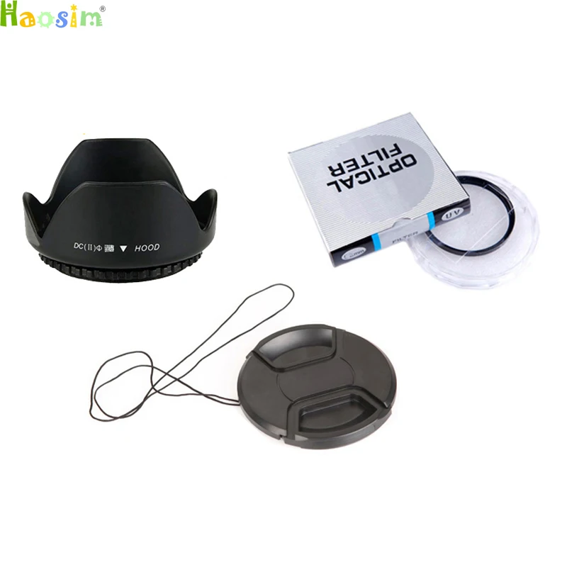 

3 in1 49 52 55 58 62 67 72 77 mm center pinch Snap-on cap cover + lens hood + lens UV filter *