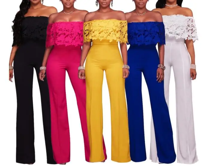 

Spring Summer New Sexy Club Wear Overalls For Women Jumpsuit Off Shoulder Lace Loose Long Rompers Pants Red Blue Yellow