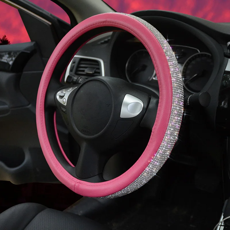 Розовый кристалл чехол рулевого колеса автомобиля с Bling Стразы для девочек леди кожаный чехол на руль автомобиля аксессуары