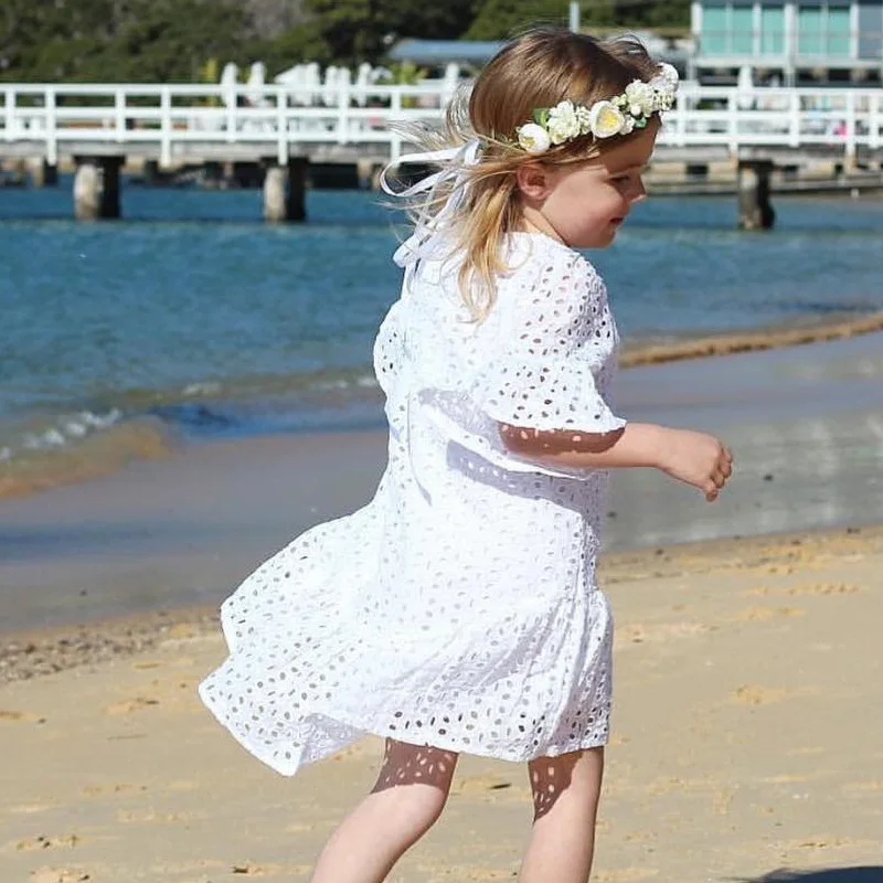 

Summer Princess Dress Flying Sleeve Lace Hollow Women's Dress Pure White Girl Children's Wear Princess Dress Baby Girl Clothes