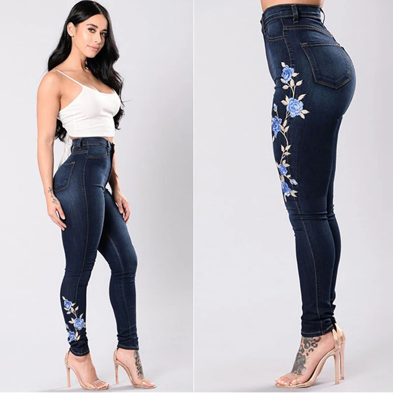 Imitation Denim Jeans High Waist Flower print Jeans Plus Size Street Style Sexy Pencil Pants femme Women Clothes