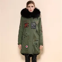 Черный мех большой с капюшоном ручной работы из бисера стеганые зимние куртки для женщин