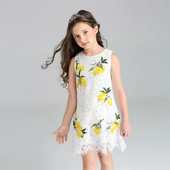 

Roimyal Wholesale free shipping 2019 Summer new Euro-American style girls Fashion Lemon Lace Princess dress Children's sundress