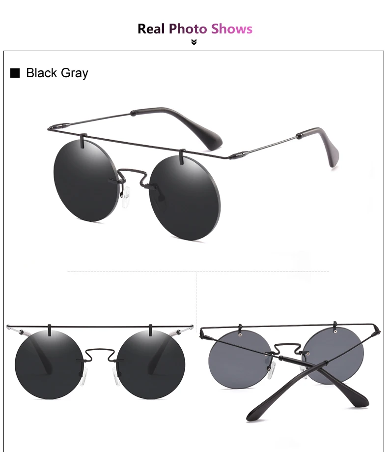 Двух часах Винтаж солнцезащитные очки Для женщин дизайнерские круглые солнечные очки, солнцезащитные очки без оправы черные солнцезащитные очки UV400 ботинки в стиле готика, панк, ретро, очки R66276