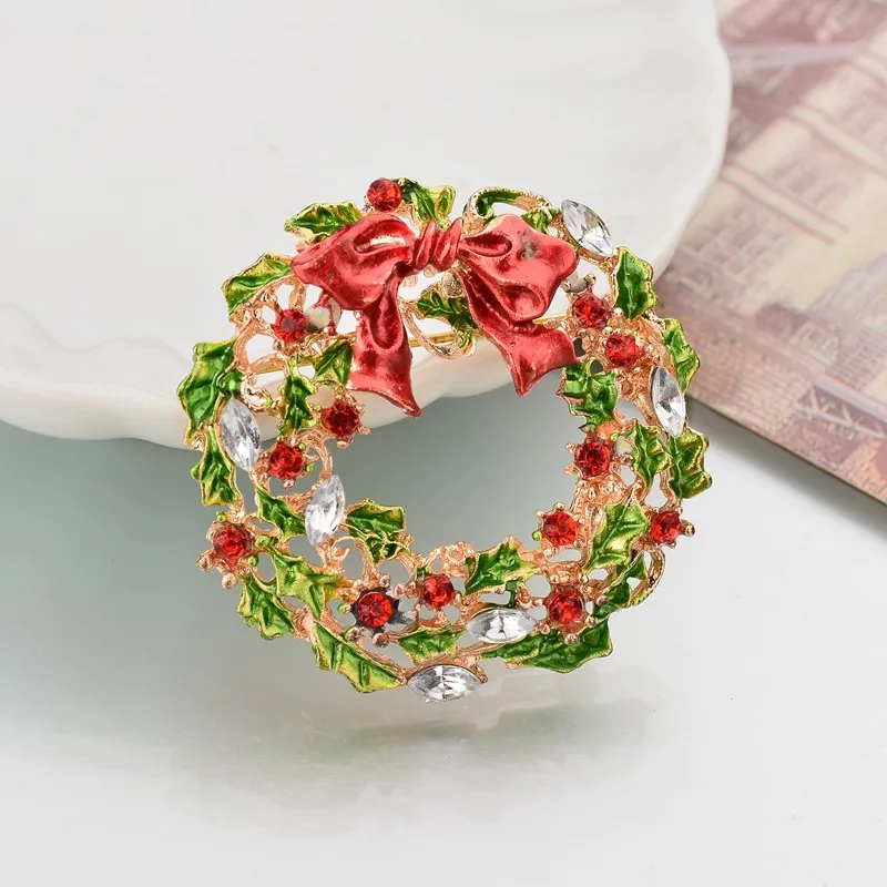 Ajojewel, новые рождественские броши в виде дерева для женщин, стразы, эмаль, брошь, год, рождественский подарок для маленькой девочки, молодой женщины - Окраска металла: round wreath
