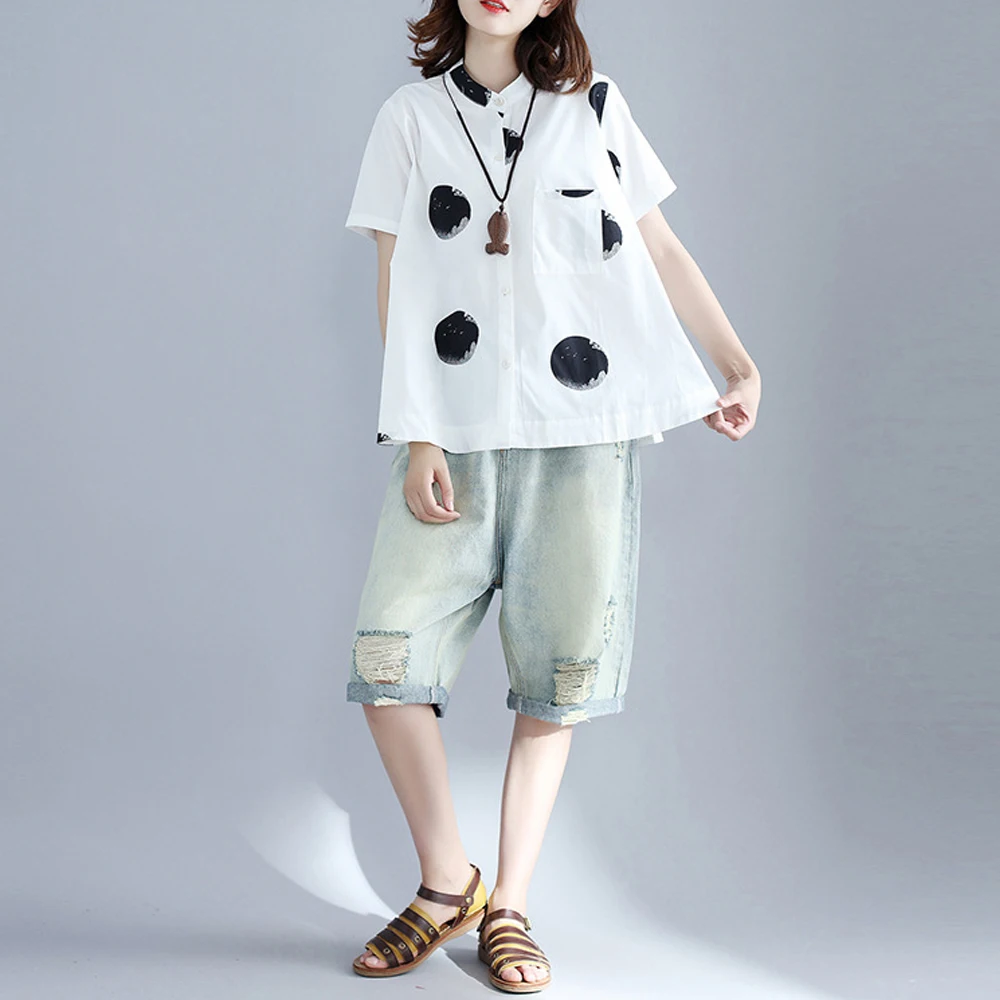 Spring and summer new style Loose short sleeve printed shirt Polka dot printed short-sleeved top