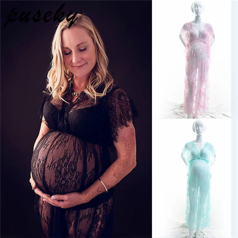 

Puseky Maternity Photography Props Lace See Through V Neck Maternity Dress Fancy Studio Clothes Pregnancy Photography Props