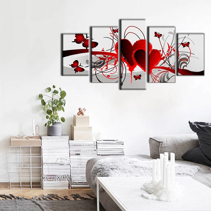 Home-Decor-Hand-Painted-Red-Love-Heart-Butterfly-Oil-Painting-Living-Room-Wall-Painting-5-Pieces (1)