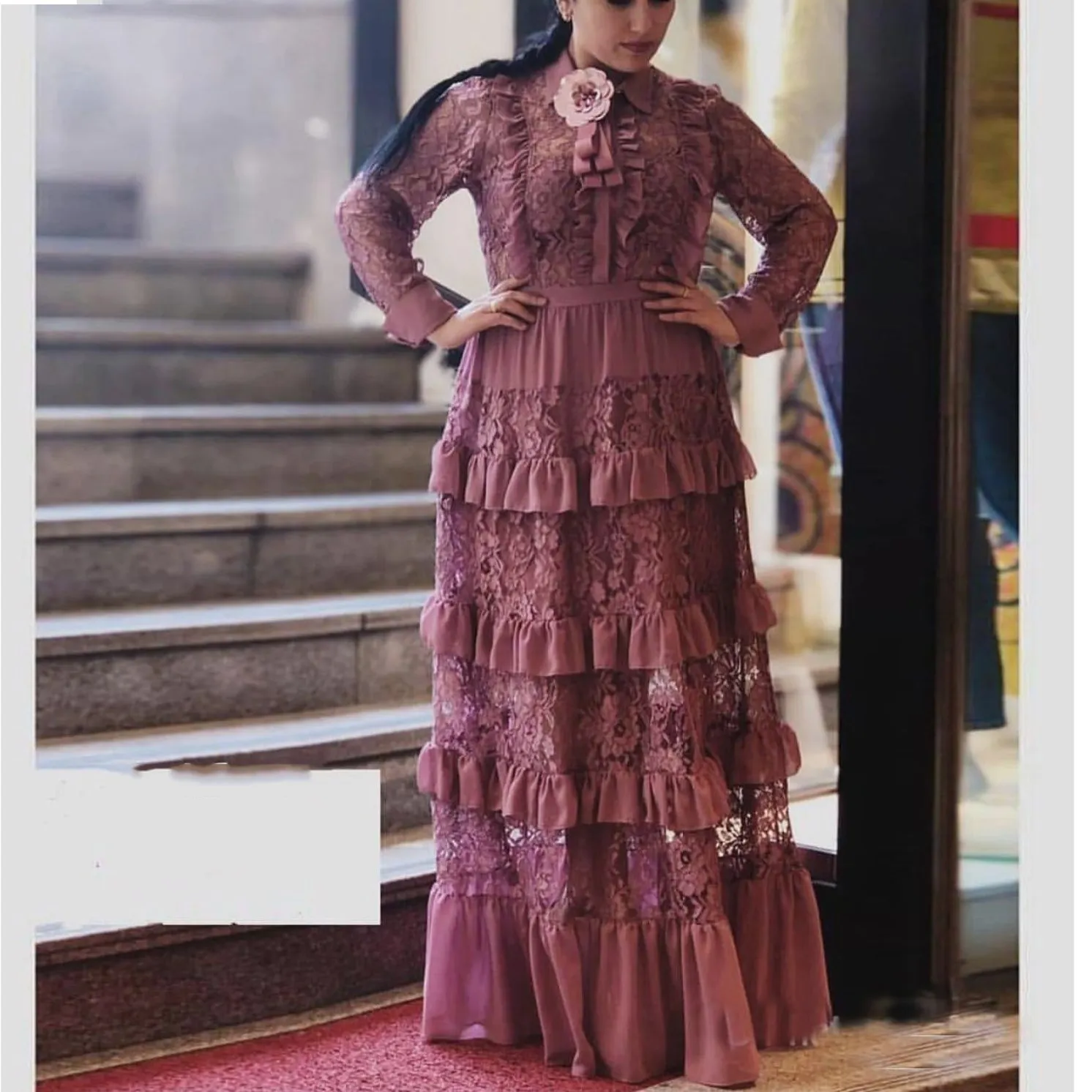 

Women Lace Layered Dress Long Maxi Cascading Ruffle Dress High Waist Elegant Dress