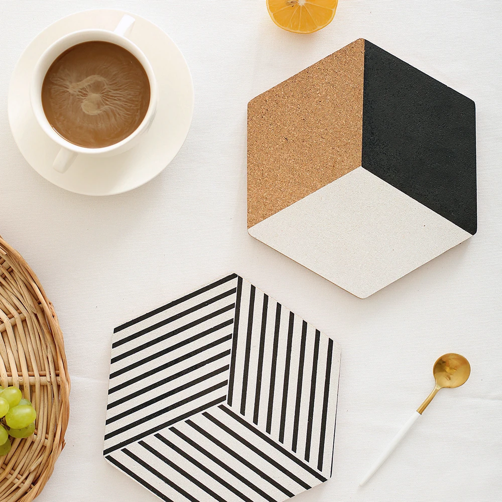 1Pcs Table Placemats Hexagon Cork Mat Coasters Geometric Soft Black