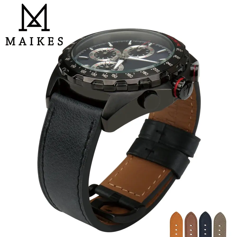 Ремешок для часов MAIKES из натуральной кожи 24 мм 22 роскошный черный ремешок
