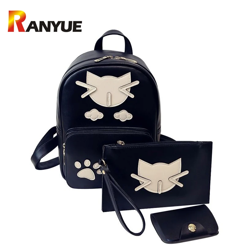 

Fashion 3 Set Women's Backpack PU Leather Shoulder Bags Cute Cat Cartoon Backpack For Teenager Girls School Bag Lady Mochila Bag