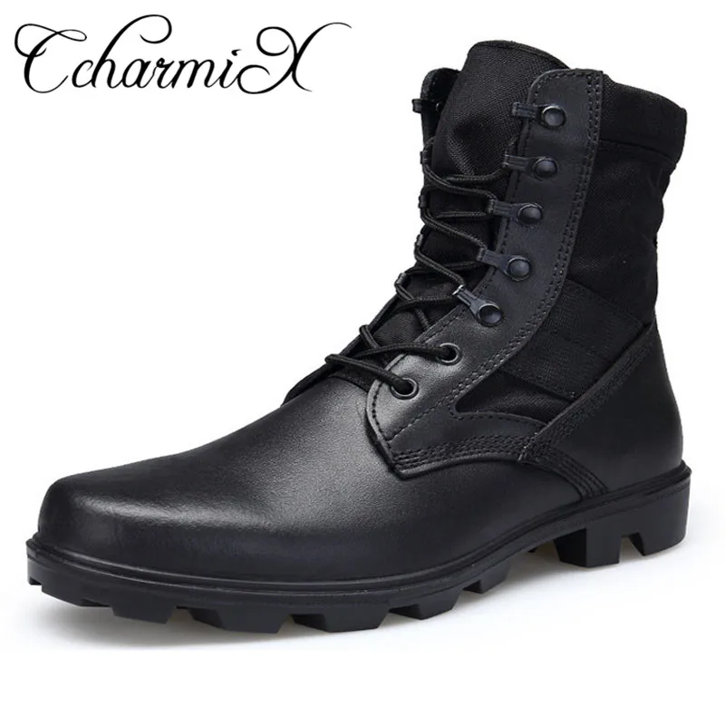 CcharmiX Mens Boots Genuine Leather Police Tactical Boots Waterproof ...