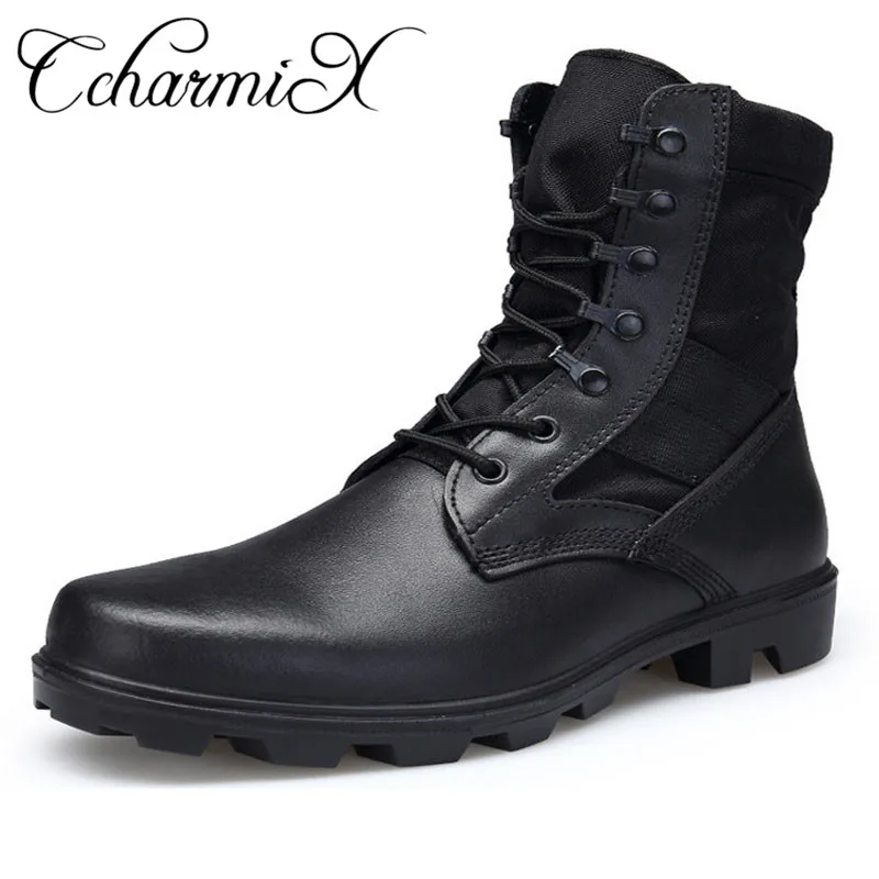 

CcharmiX Mens Boots Genuine Leather Police Tactical Boots Waterproof Military Army Boots Men Combat Boots Large Size Swat Shoes