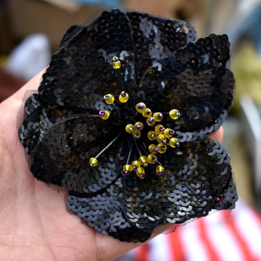 Бисер ручной работы вышивка цветок черные блестки патч ткань украшена DIY вспомогательный материал большой ремонт отверстие аппликация