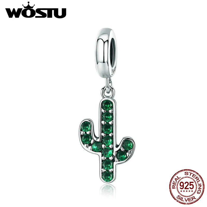

WOSTU 100% 925 Sterling Silver Strong Cactus Glittering Green CZ Pendant Charm fit Women Charm Bracelet DIY Jewelry DXC515