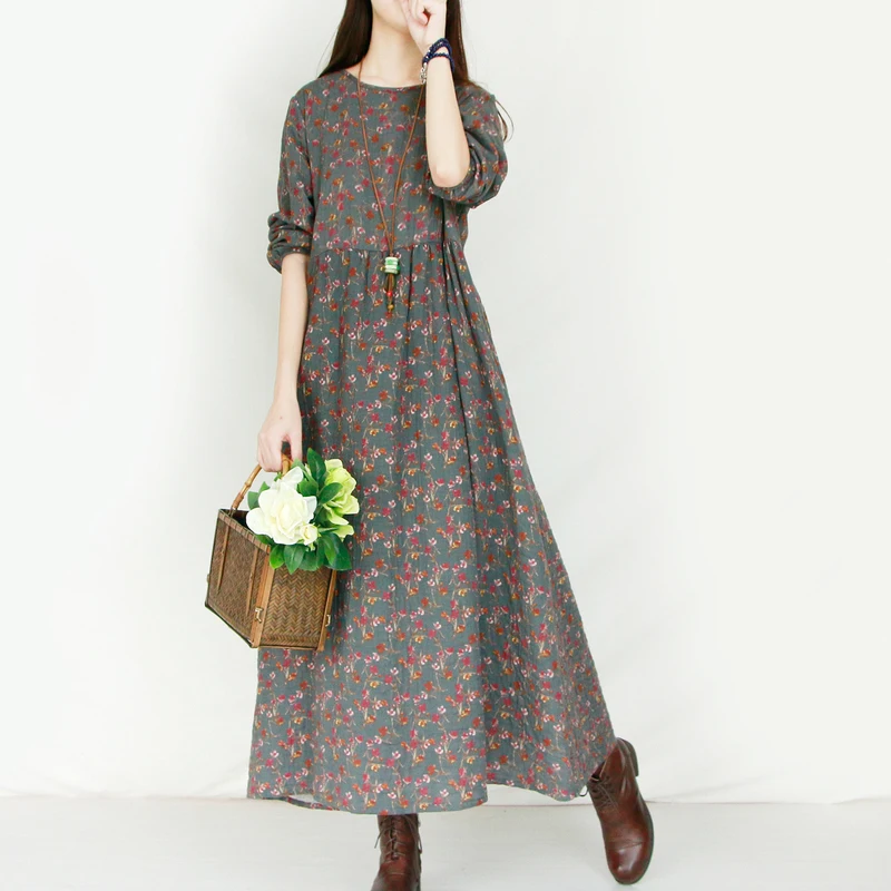 

Mori Girl Vintage Long Sleeved Cotton Dress Robe Autumn Floral Print Long Maxi Women Casual Clothing Female Dresse Vestido Tunic