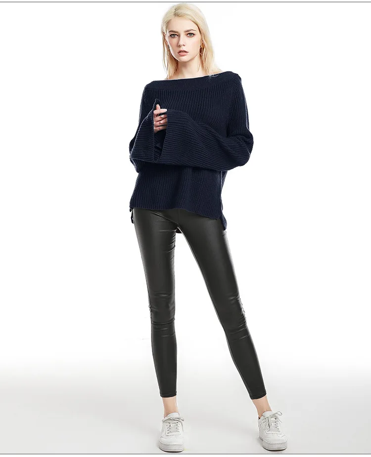 The new European and American large size women's burst section sweater collar solid color speaker sleeve bottoming shirt (16)