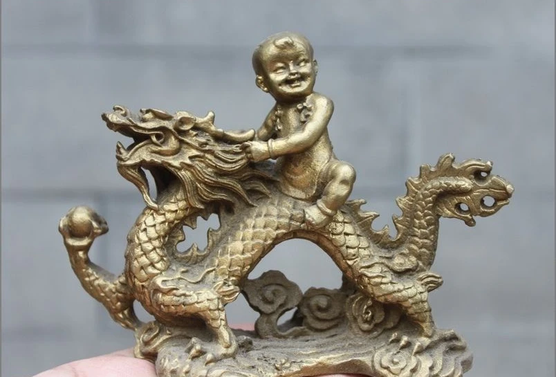 

China Brass Copper Auspicious Boy Children Ride Dragon Home Feng Shui Statue