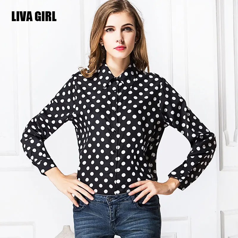 Negro para mujer camisa de gasa de lunares solapa cómodo