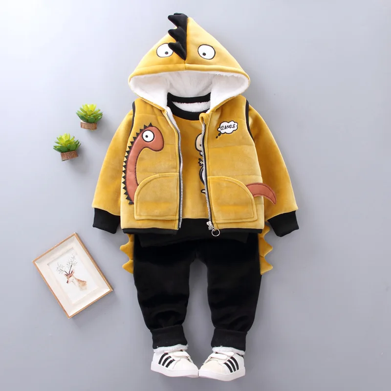 

baby boys clorhing sets autumn winter toddler baby cotton cartoon velvet vest+tops+pants 3pcs suit boy infant thick warm outfits