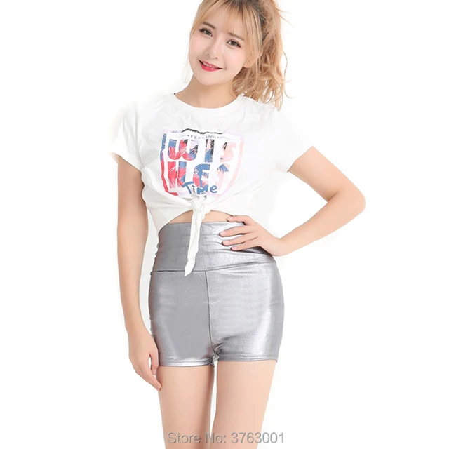 Women High Waist Metallic Wet Look Dance shorts Rave Booty Mini Hot