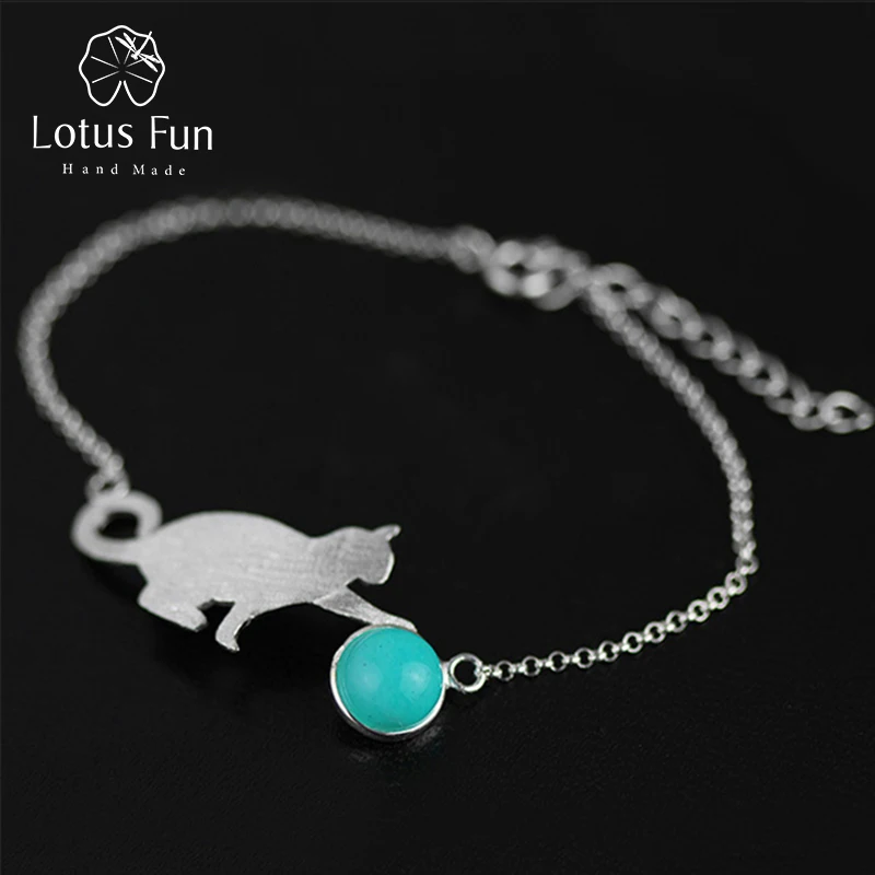 

Lotus Fun Real 925 Sterling Silver Natural Stone Creative Handmade Fine Jewelry Playing Cat Fashion Bracelet for Women Bijoux