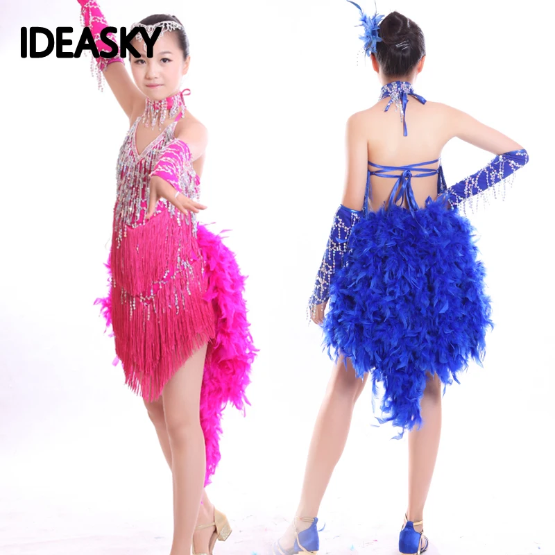 

child kid children professional latin dance dress for girls Modern Waltz tango Cha Cha kids ballroom competition dresses feather