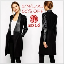 New Hot! 2014 Fashion Celebrity Style Women’s Black Leather Spliced Slim Long Woollen Coats Winter Coat Women Overcoat Plus Size