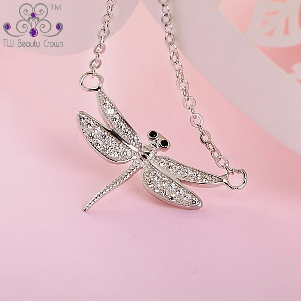 

Real 925 Sterling Silver Luxury Micro Paving White Cubic Zirconia Dragonfly Pendants Necklaces For Women Jewelry Girlfriend Gift