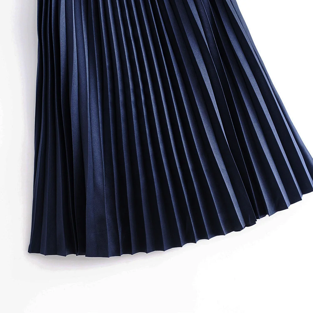Женская Осенняя длинная юбка из металла темно-синяя плиссированная Офисная Женская стильная SML Прямая 18OctW3 эластичная талия