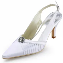 D-EP11113 Weiß Frauen Pumps Spitze Zehen High Heel Strass Plissee Brautkleid Schuhe