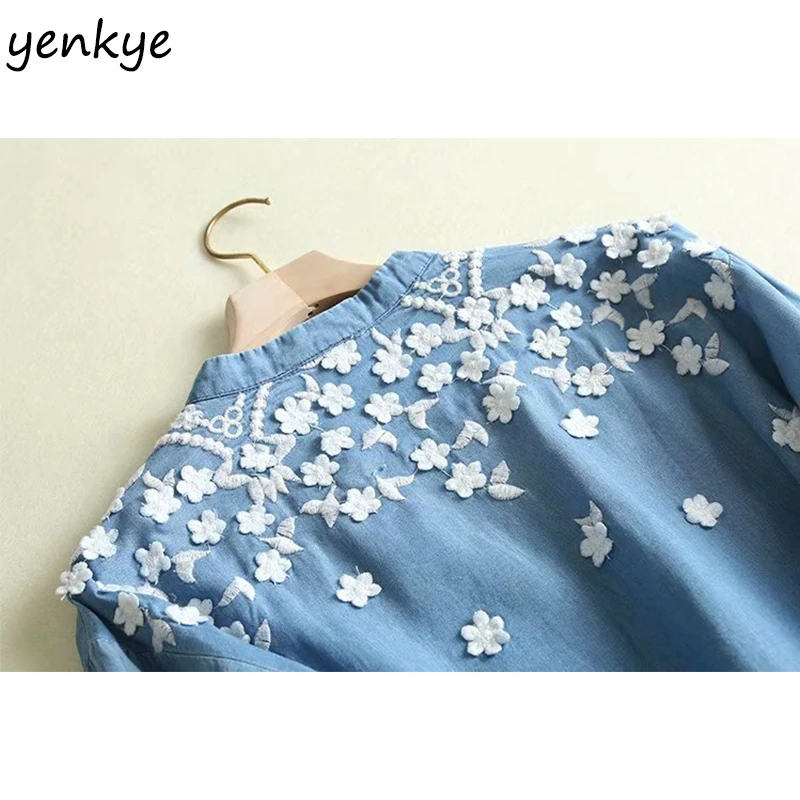 Лето 2019 г. цветочной вышивкой джинсовая ткань Tencel женская рубашка блузка с
