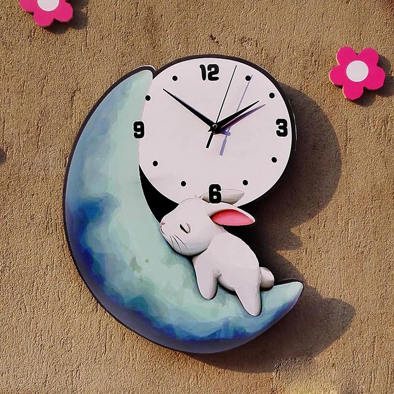 Детские настенные часы мультяшные нарисованные милые лунные часы кролик детские настенные немой спальня детская комната Детский сад модные часы