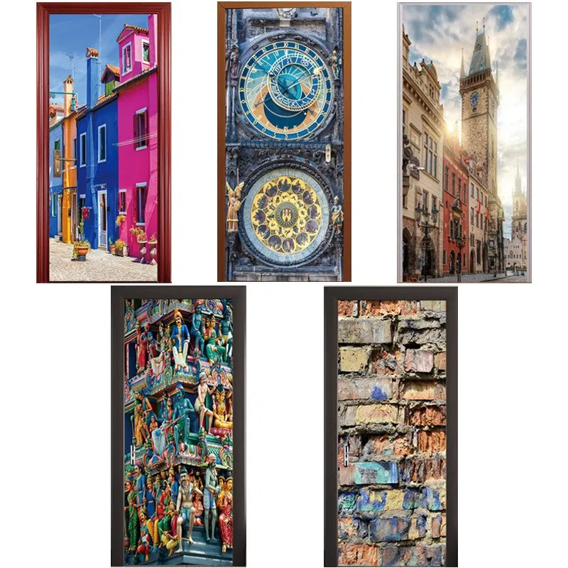 

3D Door Sticker Temple Prague Square Clock Tower Venice Street Brick Wooden Door Renovation Home Decoration Paste Mural 77x200cm