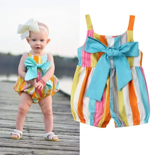 

2019 Baby Girl summer clothing Rainbow Striped Bowknot Romper Jumpsuit Outfit for Kid clothes toddler Children newborn infant