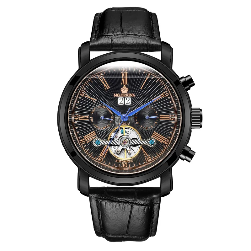 Оригинальные часы Orkina, автоматические механические часы, кожаный турбийон, маховик, мужские наручные часы, Авто Дата, relogio masculino - Цвет: black