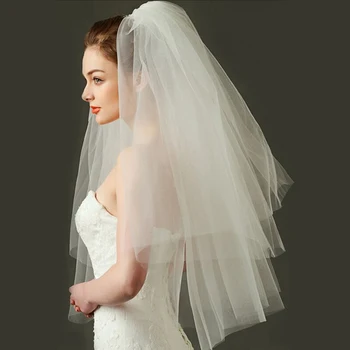 

Soft Two Layers Bridal Veil With Comb Short Bride Tulle White Ivory Wedding Veil Lace Edge Bridal Veils 2019 HairBand R40