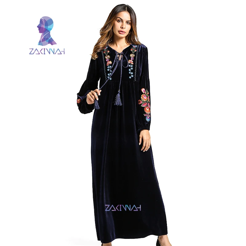 

Fashion Women's Dress Velvet Embroidery Winter Maxi Abaya Robe Gowns Long Jilbab Muslim Loose Style Middle East Islamic Clothing