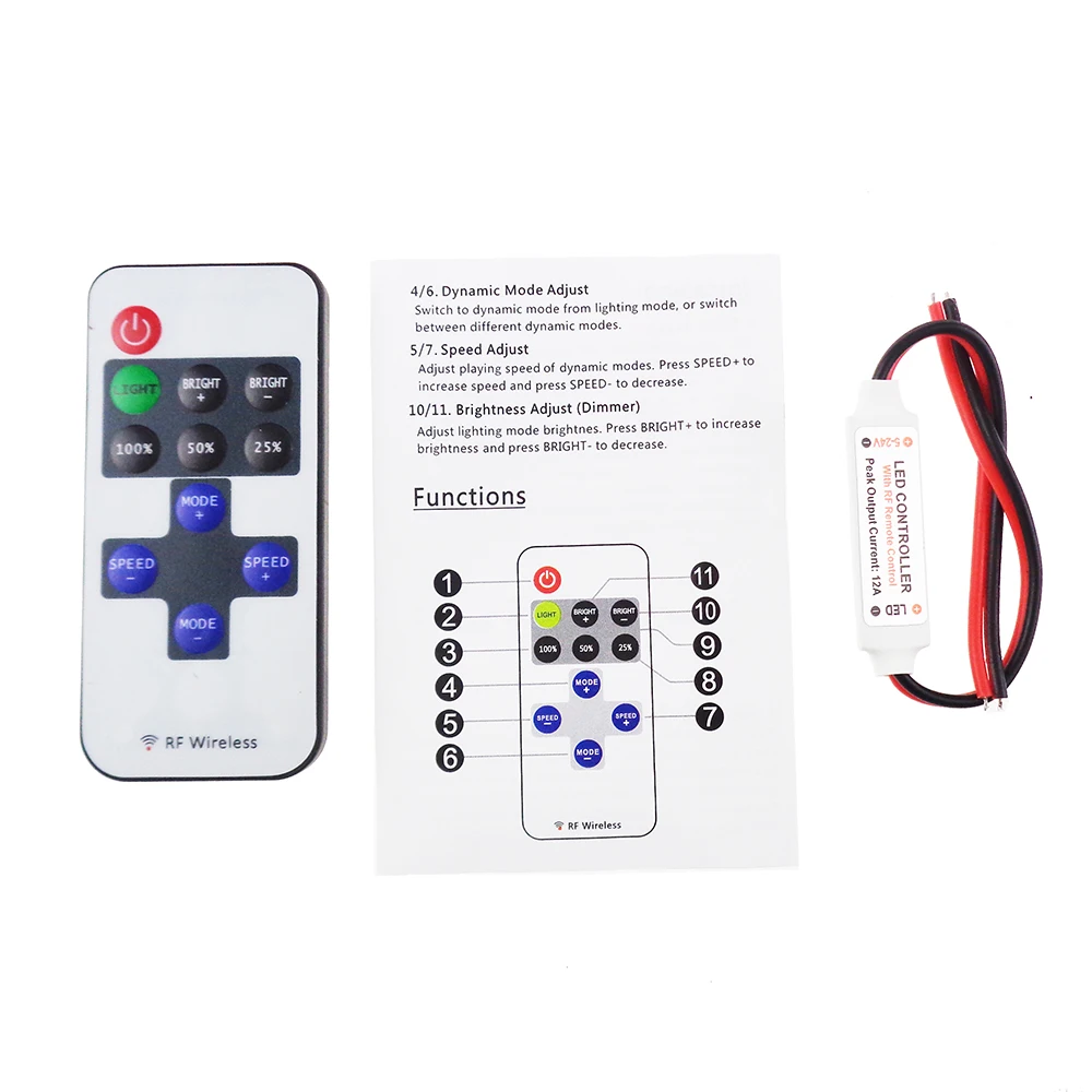 

1pcs Led Controller mini dimmer RF remote control 11key wireless DC5-24V 12A for led strip 5050 3528 single color R