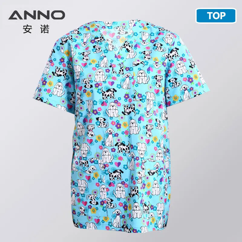 ANNO, хлопковая Больничная Униформа с мультяшным медведем, здоровая форма для ухода за здоровым здоровьем, медицинская, для женщин, мужчин, скрабы, короткий рукав, медиальный костюм - Цвет: KeAiGou-Top