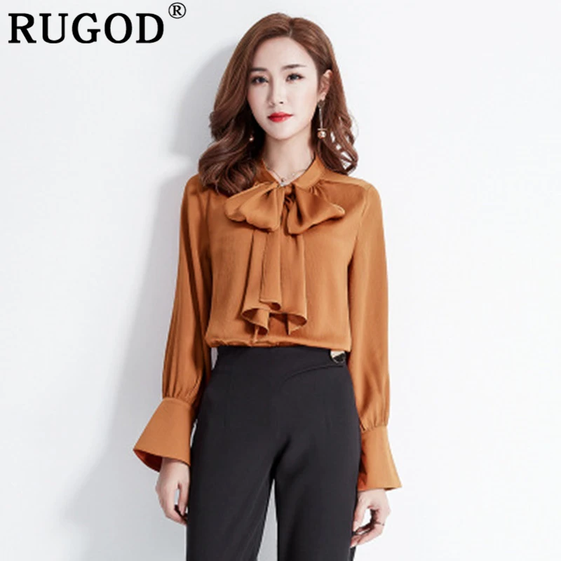 RUGOD элегантные офисные женские рубашки модные с большим бантом шеи однотонные белые блузки Женский Повседневный стиль, расклешенный рукав Плюс Размер Топы и блузки