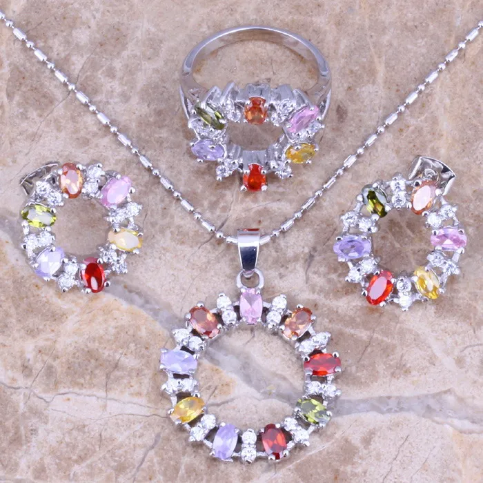 Fascinating Multicolor Multigem Silver Jewelry Sets Earrings Necklace Pendant Ring For Women