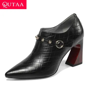 

QUTAA 2020 Women Shoes Platform Women Pumps Cow Leather+pu Pointed Toe Lace Up Spring/autumn Sexy Ladies Pumps Size 34-43