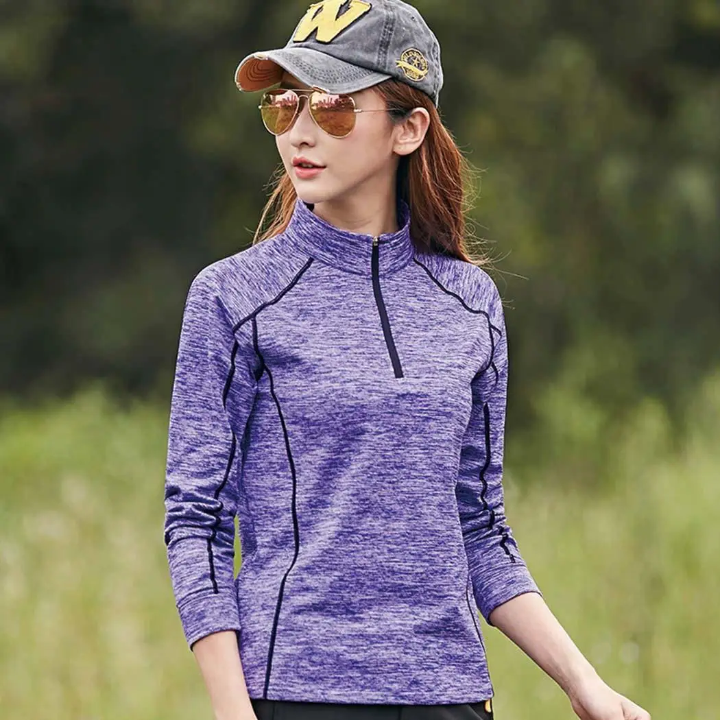 Women Casual Stand Collar Long Sleeve Loose Zipper Solid All Seasons Pullover T-shirt Top