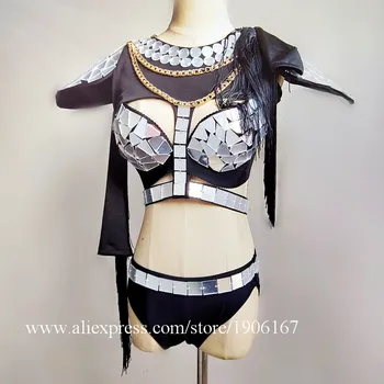 

Sexy Lady Silver Mirror Ballroom Costumes Bra Shorts Bikini Suit Clothes Stage Performance Bar Singer Stage Show Dress Clothes